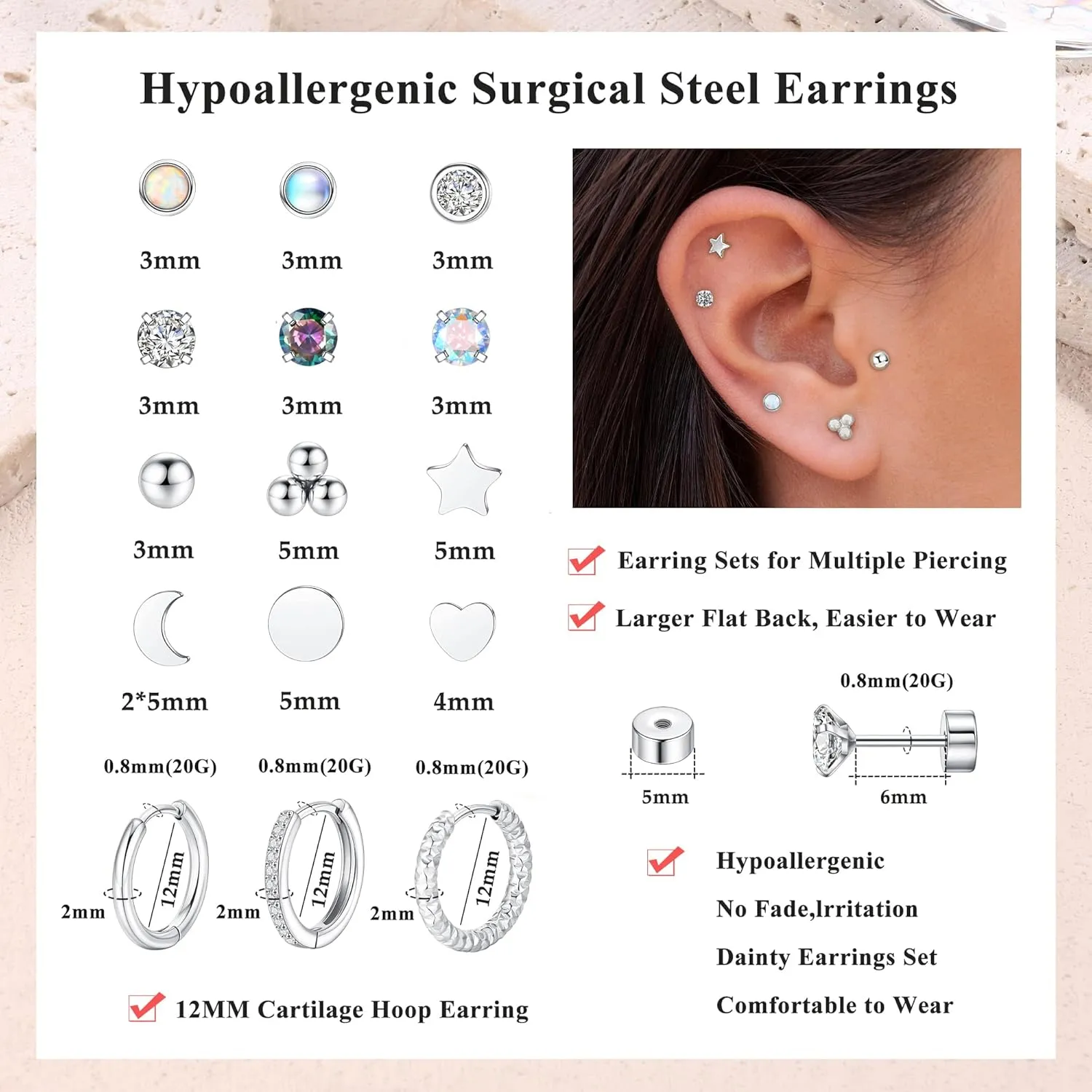 15 Pairs Hypoallergenic Surgical Steel Flat Back Earrings Set for Multiple Piercings 14K Comfortable Stud Hoop Cartilage Earring Set for Women Men 20G Gold/Silver