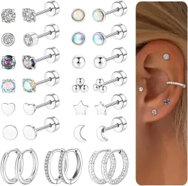 15 Pairs Hypoallergenic Surgical Steel Flat Back Earrings Set for Multiple Piercings 14K Comfortable Stud Hoop Cartilage Earring Set for Women Men 20G Gold/Silver