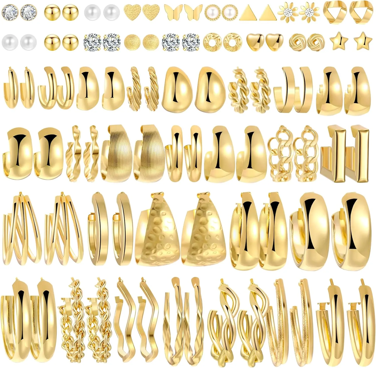 45 Pairs Gold Hoop Earrings Set for Women Multipack, Hypoallergenic Chunky Twisted Earring Pack, Gold Small Big Hoops Earrings for Every Occasion