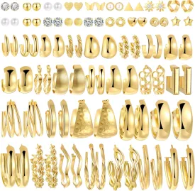 45 Pairs Gold Hoop Earrings Set for Women Multipack, Hypoallergenic Chunky Twisted Earring Pack, Gold Small Big Hoops Earrings for Every Occasion