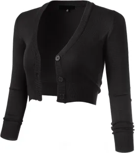 Allsense Women's 3/4 Sleeve Button-Down V-Neck Cropped Bolero Shrug Cardigan