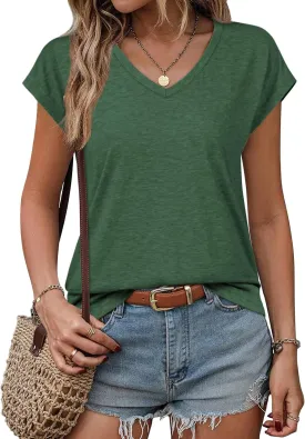 ATHMILE Womens Summer Tops V Neck Cap Sleeve Tshirts Casual Cute T Shirts Fashion Clothes Vintage Basics Tee