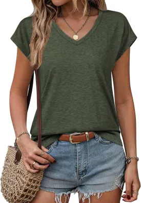 ATHMILE Womens Summer Tops V Neck Cap Sleeve Tshirts Casual Cute T Shirts Fashion Clothes Vintage Basics Tee