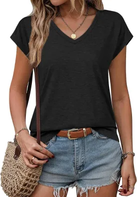 ATHMILE Womens Summer Tops V Neck Cap Sleeve Tshirts Casual Cute T Shirts Fashion Clothes Vintage Basics Tee