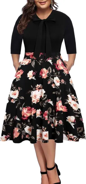 BEDOAR Women's Plus Size Dress Vintage Bow Tie Neck Casual Business Work Knee Length A-line Dresses with Pockets