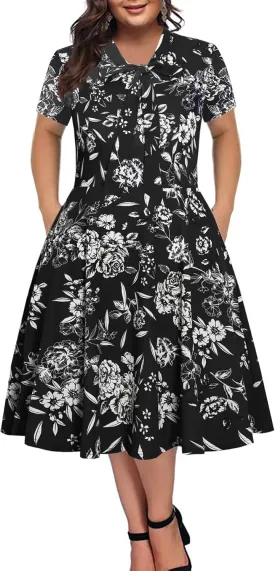 BEDOAR Women's Plus Size Dress Vintage Bow Tie Neck Casual Business Work Knee Length A-line Dresses with Pockets