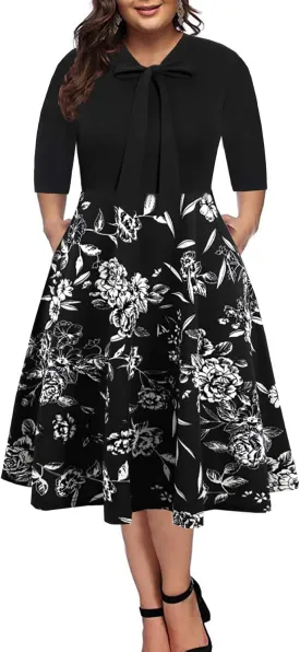 BEDOAR Women's Plus Size Dress Vintage Bow Tie Neck Casual Business Work Knee Length A-line Dresses with Pockets