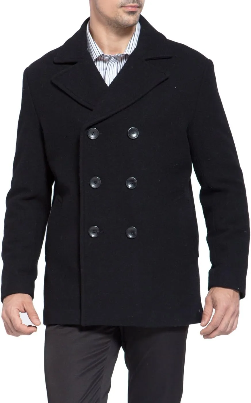 BGSD Men Mark Classic Wool Blend Double Breasted Walking Pea Coat (Also available in Big and Tall and Short)