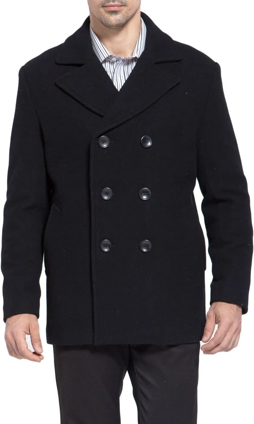BGSD Men Mark Classic Wool Blend Double Breasted Walking Pea Coat (Also available in Big and Tall and Short)