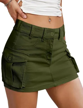 Buauty Women Denim Cargo Skirt Y2K, Mini Low Waist Jean Skirts Bodycon Flap Pockets 2025 Trendy Short