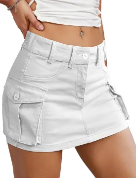 Buauty Women Denim Cargo Skirt Y2K, Mini Low Waist Jean Skirts Bodycon Flap Pockets 2025 Trendy Short