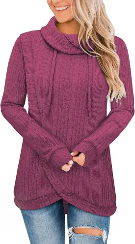 Bulotus Womens Cowl Neck Sweaters Lightweight Warm Tunic Tops for Women Loose Fit Dressy Tulip Hem