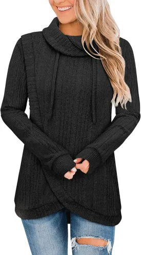Bulotus Womens Cowl Neck Sweaters Lightweight Warm Tunic Tops for Women Loose Fit Dressy Tulip Hem