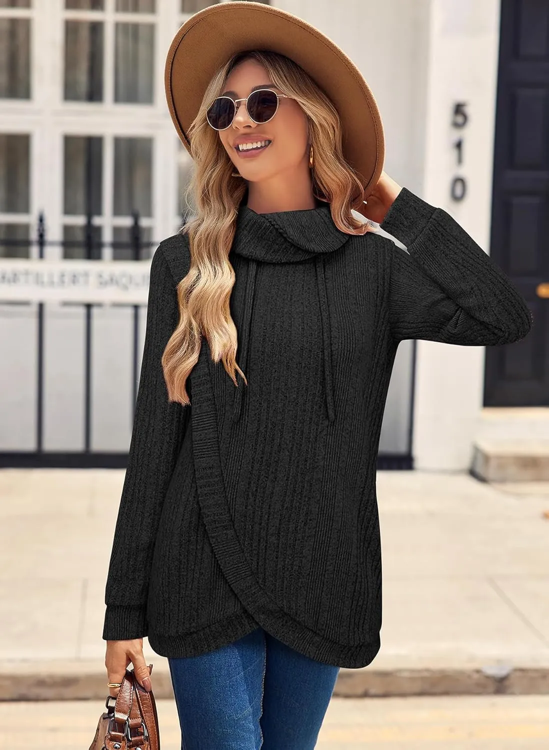 Bulotus Womens Cowl Neck Sweaters Lightweight Warm Tunic Tops for Women Loose Fit Dressy Tulip Hem