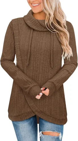 Bulotus Womens Cowl Neck Sweaters Lightweight Warm Tunic Tops for Women Loose Fit Dressy Tulip Hem