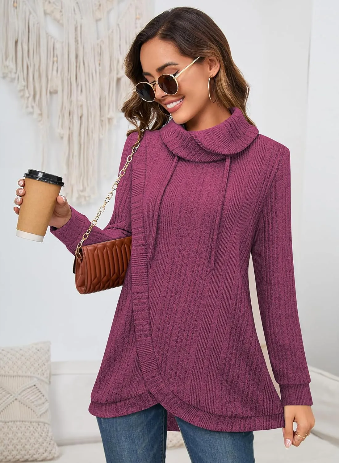 Bulotus Womens Cowl Neck Sweaters Lightweight Warm Tunic Tops for Women Loose Fit Dressy Tulip Hem