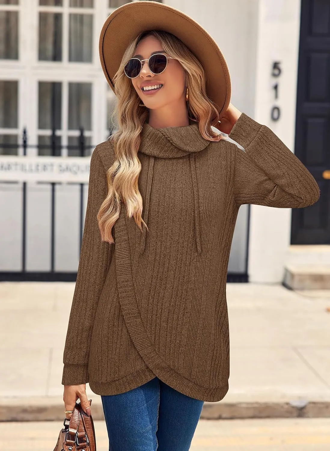 Bulotus Womens Cowl Neck Sweaters Lightweight Warm Tunic Tops for Women Loose Fit Dressy Tulip Hem