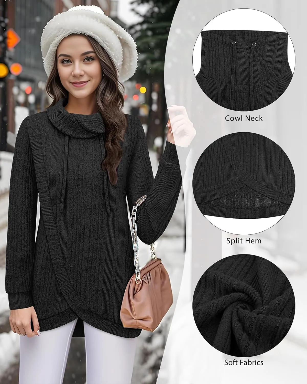 Bulotus Womens Cowl Neck Sweaters Lightweight Warm Tunic Tops for Women Loose Fit Dressy Tulip Hem