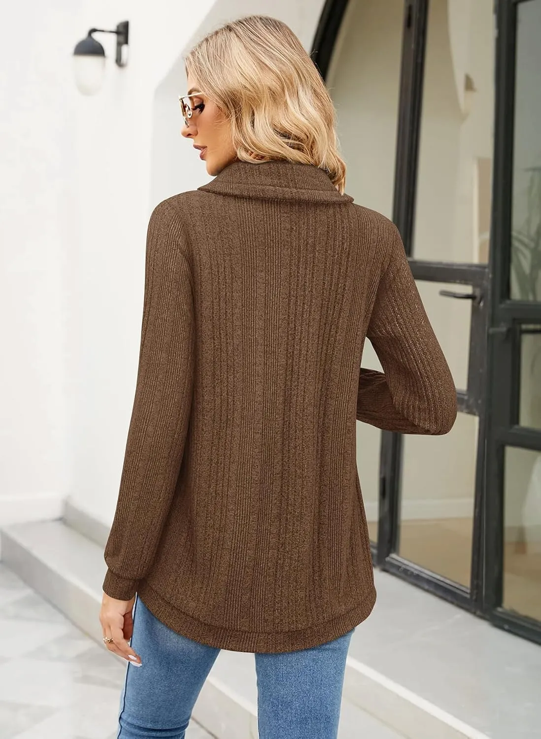 Bulotus Womens Cowl Neck Sweaters Lightweight Warm Tunic Tops for Women Loose Fit Dressy Tulip Hem