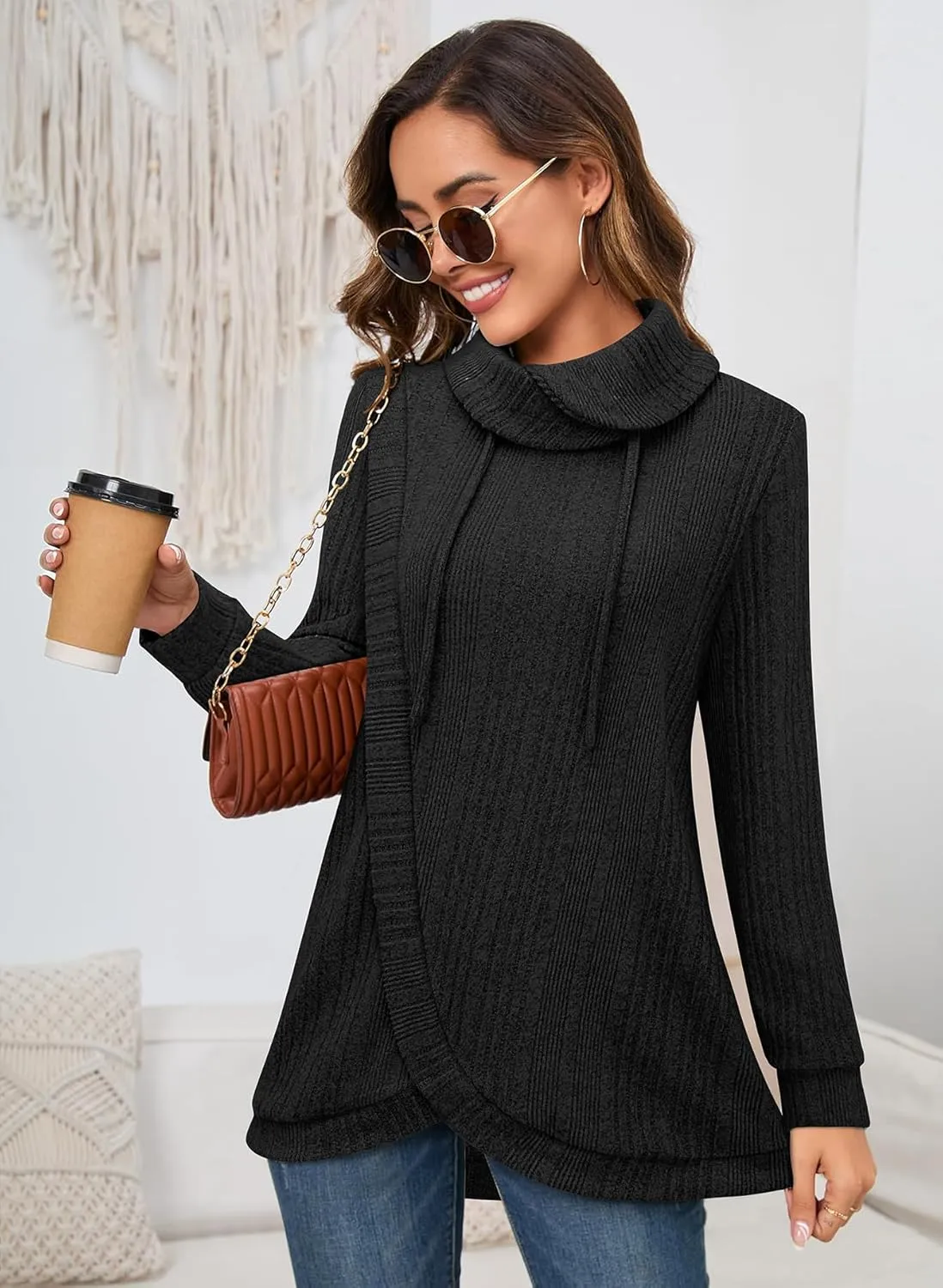 Bulotus Womens Cowl Neck Sweaters Lightweight Warm Tunic Tops for Women Loose Fit Dressy Tulip Hem