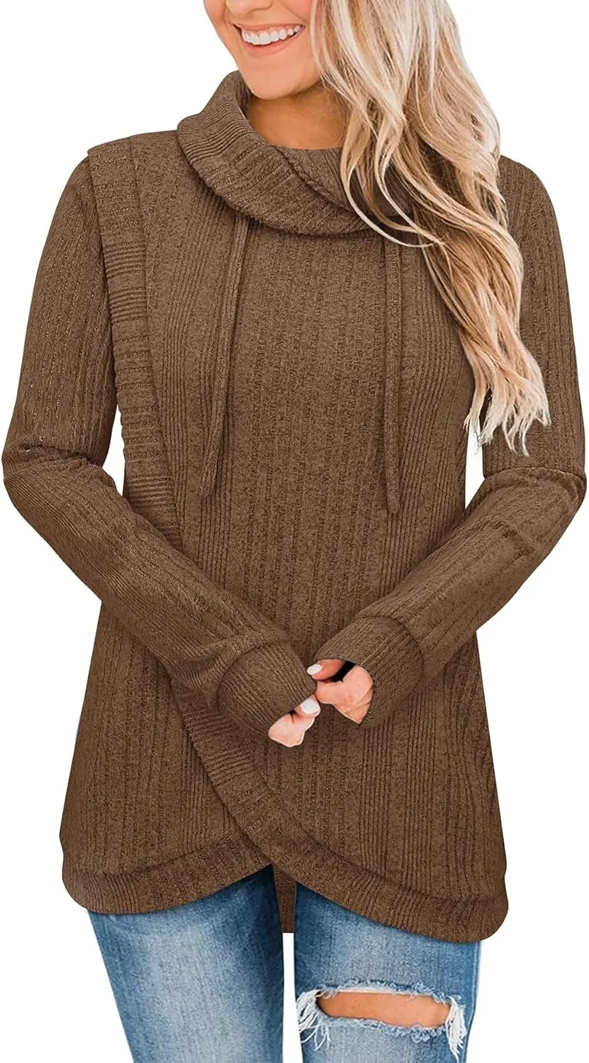 Bulotus Womens Cowl Neck Sweaters Lightweight Warm Tunic Tops for Women Loose Fit Dressy Tulip Hem