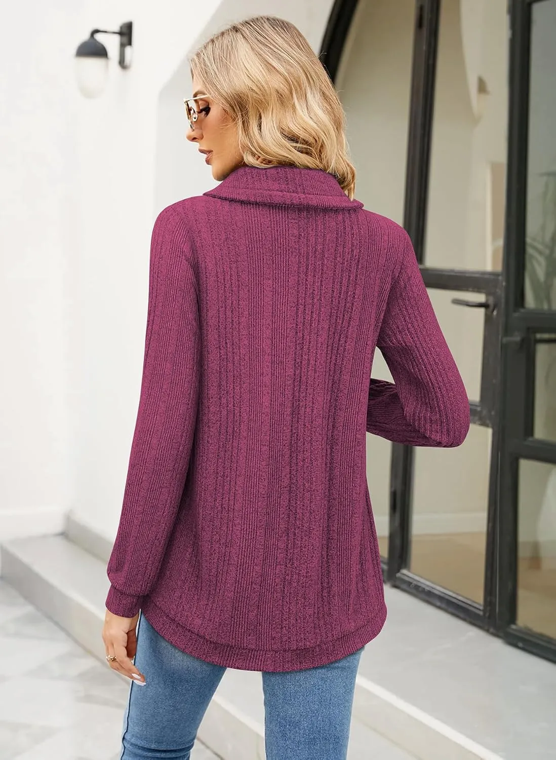 Bulotus Womens Cowl Neck Sweaters Lightweight Warm Tunic Tops for Women Loose Fit Dressy Tulip Hem
