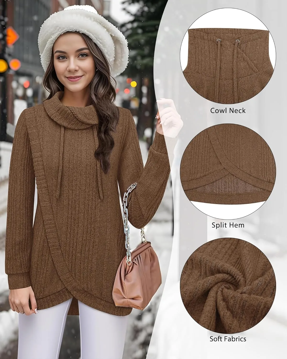 Bulotus Womens Cowl Neck Sweaters Lightweight Warm Tunic Tops for Women Loose Fit Dressy Tulip Hem