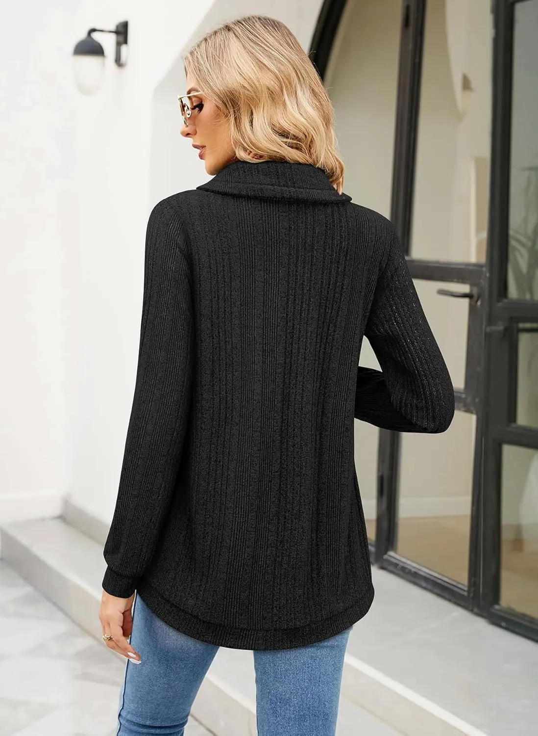 Bulotus Womens Cowl Neck Sweaters Lightweight Warm Tunic Tops for Women Loose Fit Dressy Tulip Hem