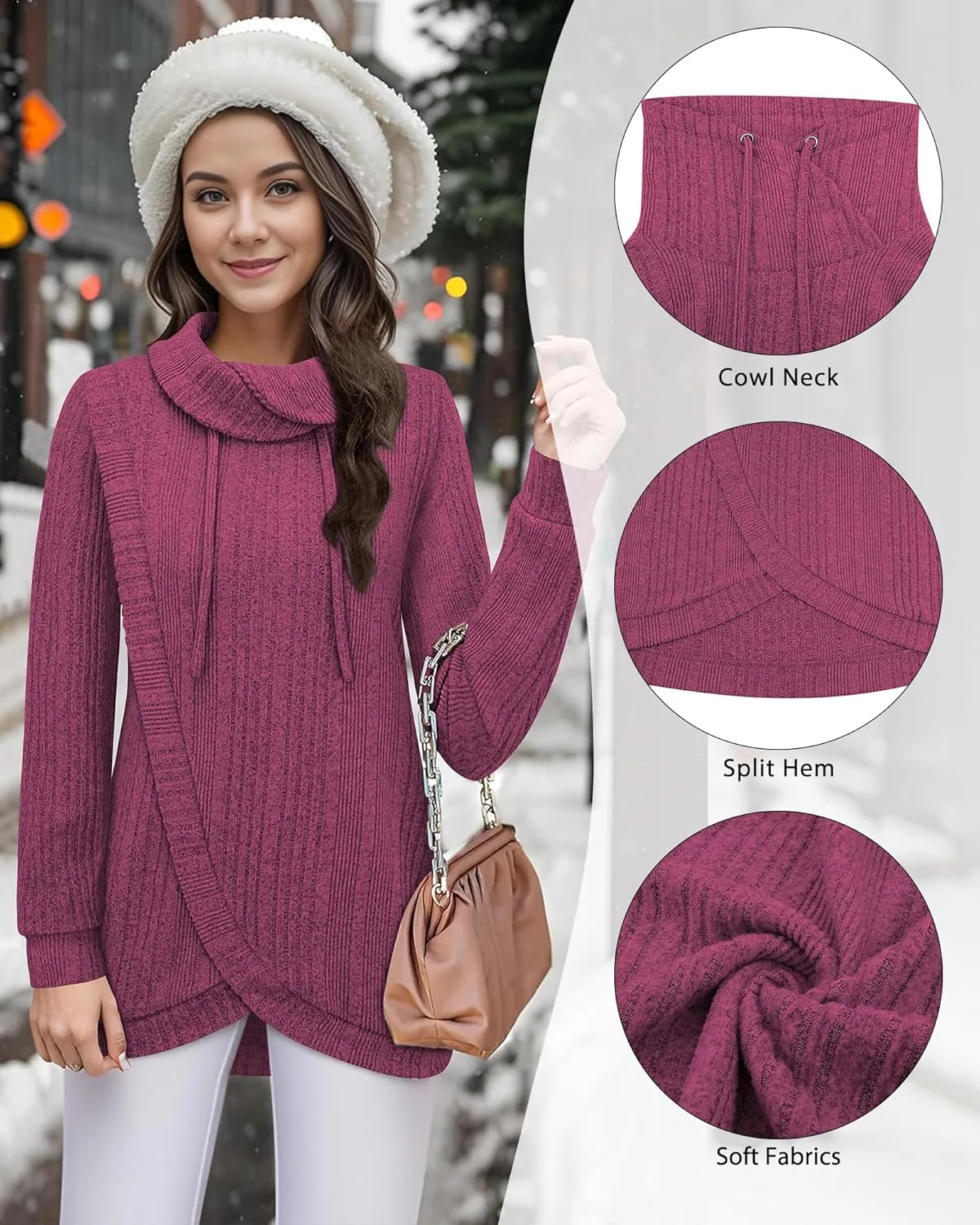 Bulotus Womens Cowl Neck Sweaters Lightweight Warm Tunic Tops for Women Loose Fit Dressy Tulip Hem