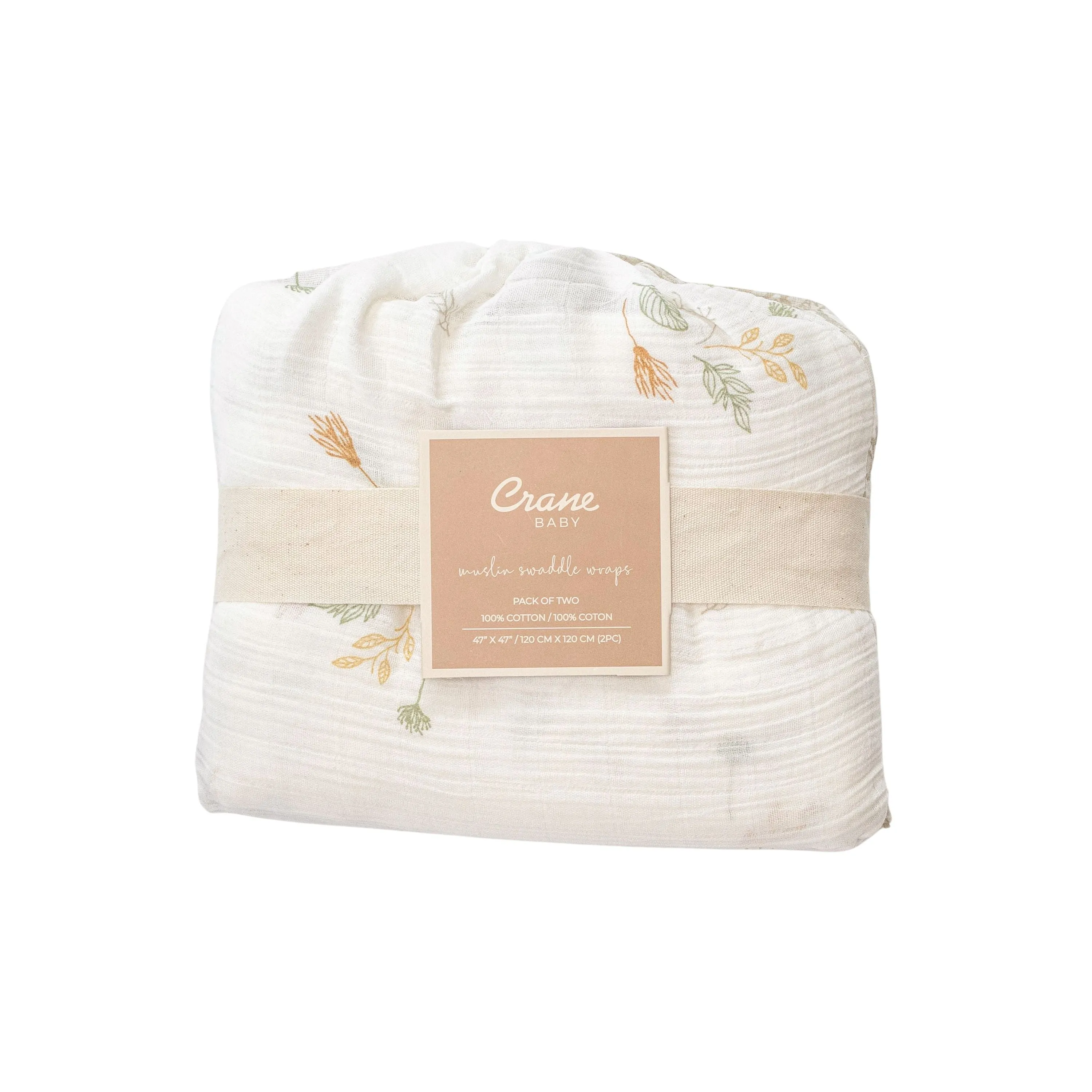 Crane Baby Muslin Swaddle Set Of 2 Dainty Leaf  Willow Collection - Cream
