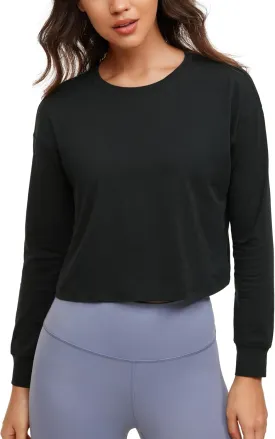 CRZ YOGA Womens Pima Cotton Workout Long Sleeve Shirts Loose Athletic Yoga Tops Basic Casual Fall Crop T-Shirts
