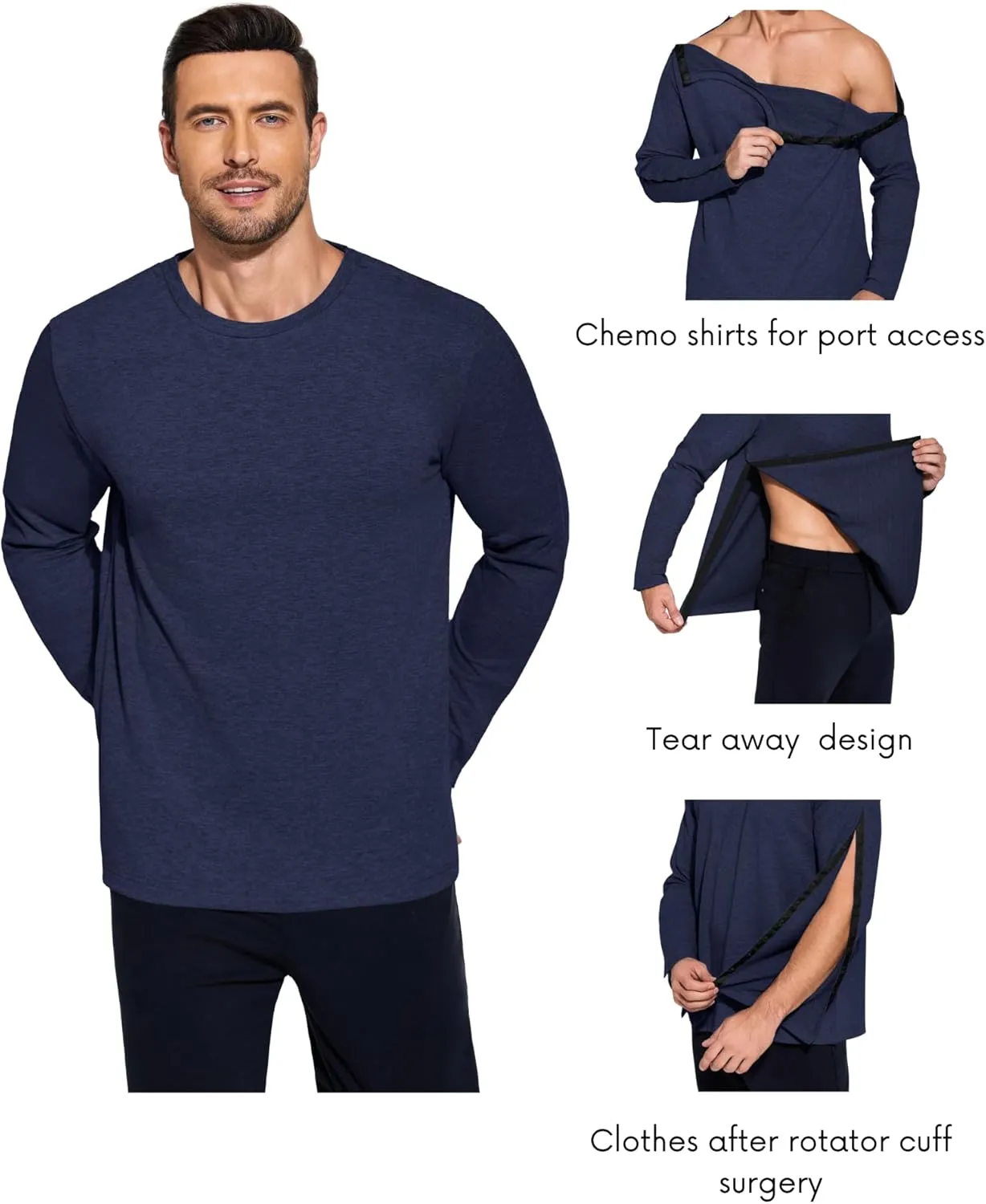 Deyeek Post Shoulder Surgery Recovery Shirts For Men Chemo Port Access Top Snap Full Tear Away Long Sleeve