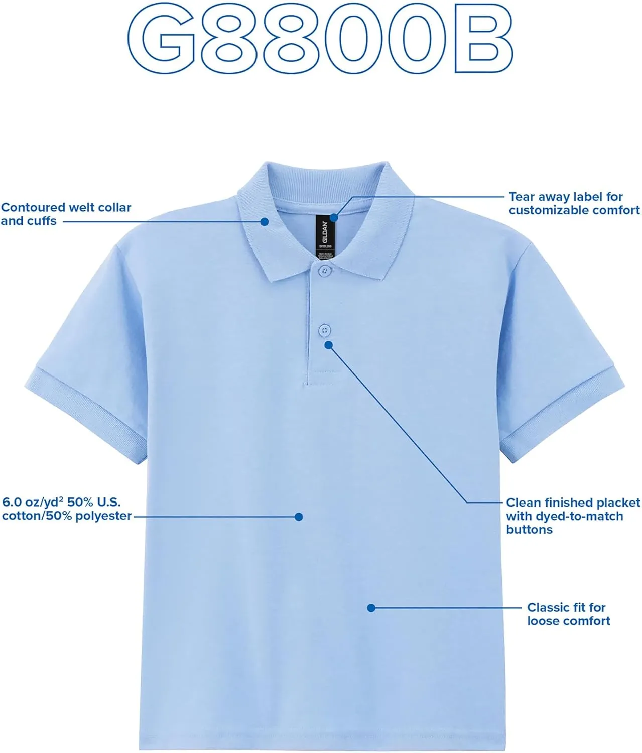 Gildan Kids' DryBlend Short Sleeve Polo, Style G8800b, 3-Pack