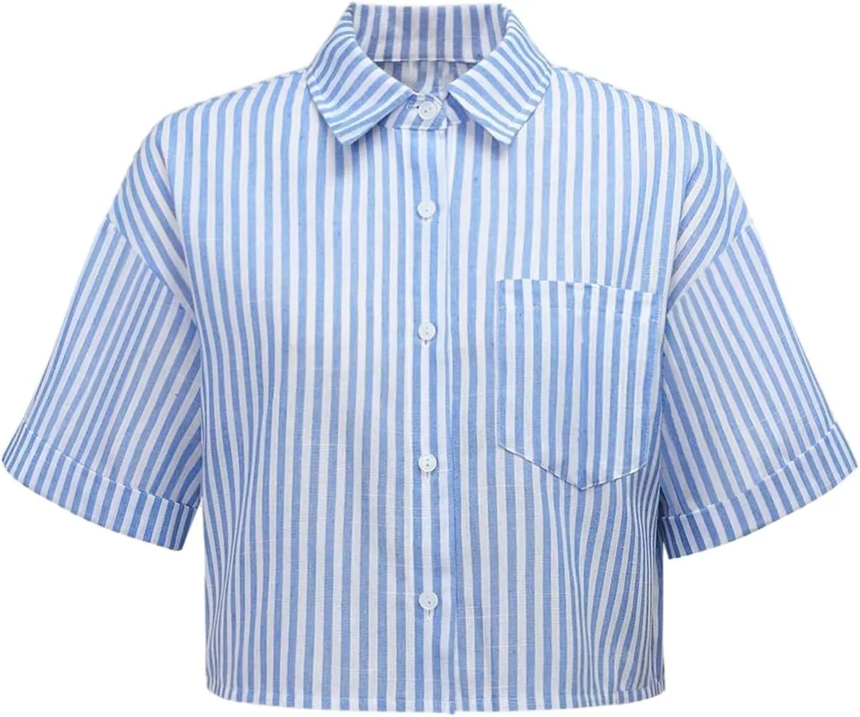 GORGLITTER Women's Striped Button Down Shirt Long Sleeve Crop Tops Pocket Patched Blouse