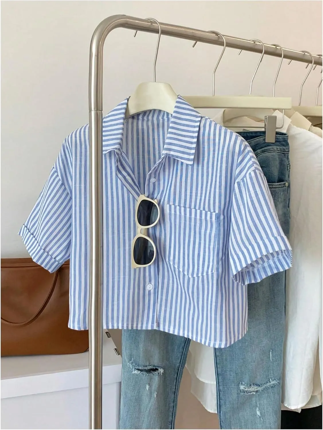 GORGLITTER Women's Striped Button Down Shirt Long Sleeve Crop Tops Pocket Patched Blouse