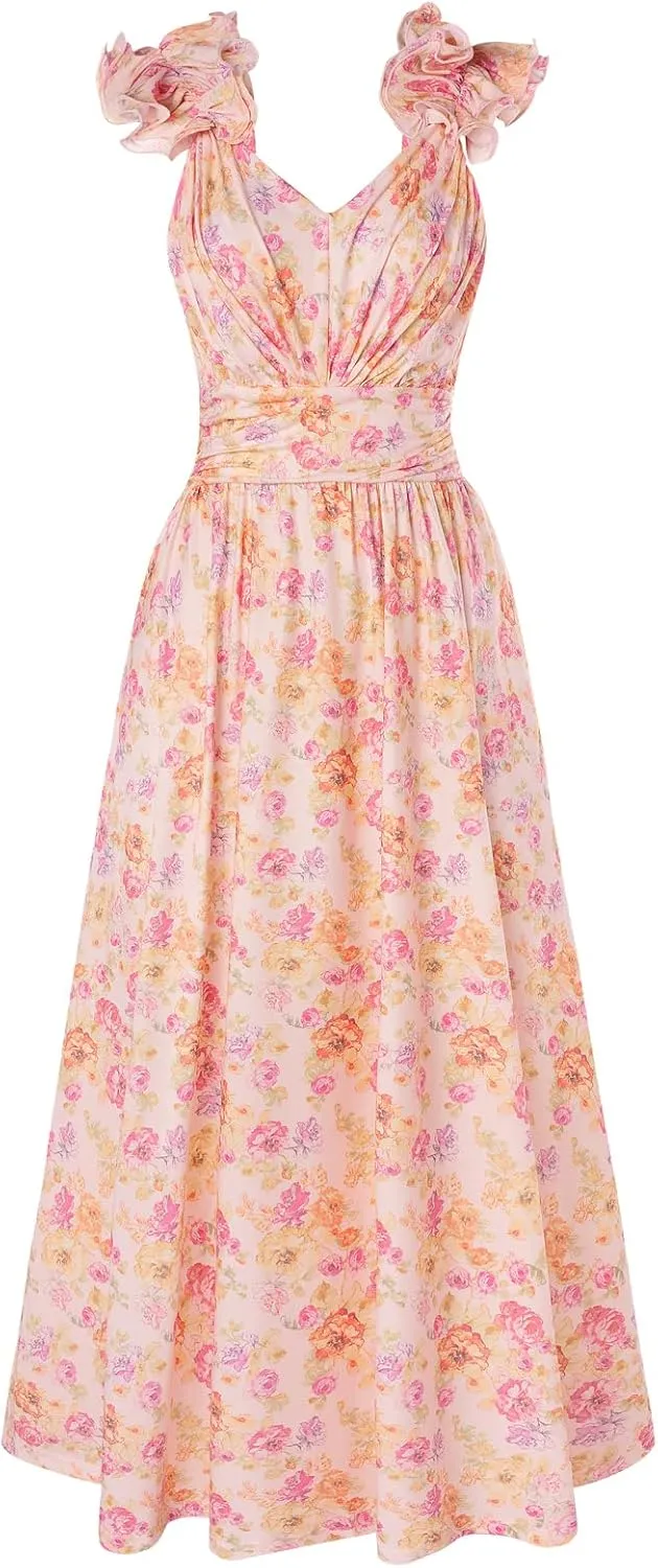 GRACE KARIN 2025 Women's Summer Floral Print Dress Sleeveless Casual Flowy Sundress A Line Ruffle Wedding Guest Outfit