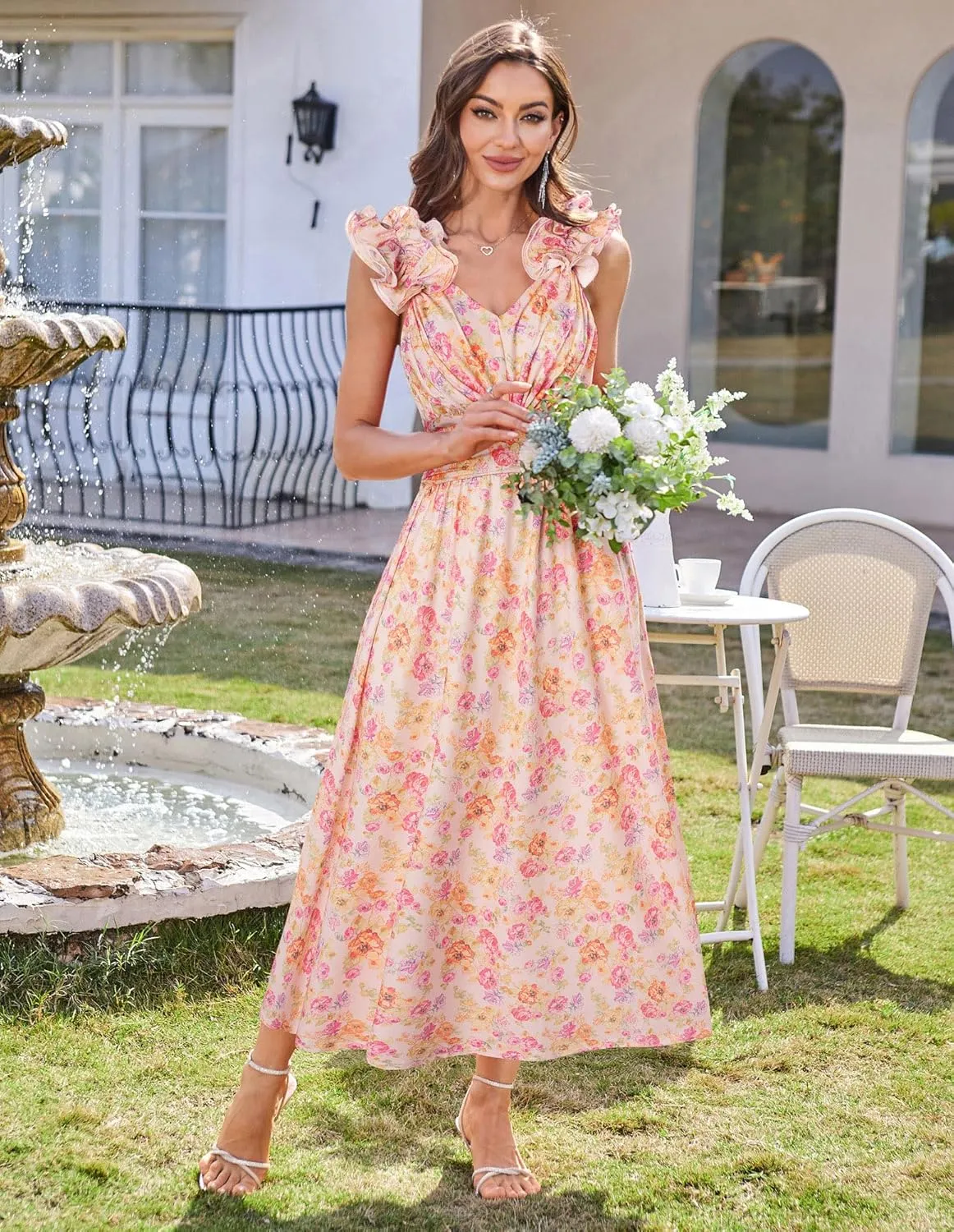 GRACE KARIN 2025 Women's Summer Floral Print Dress Sleeveless Casual Flowy Sundress A Line Ruffle Wedding Guest Outfit