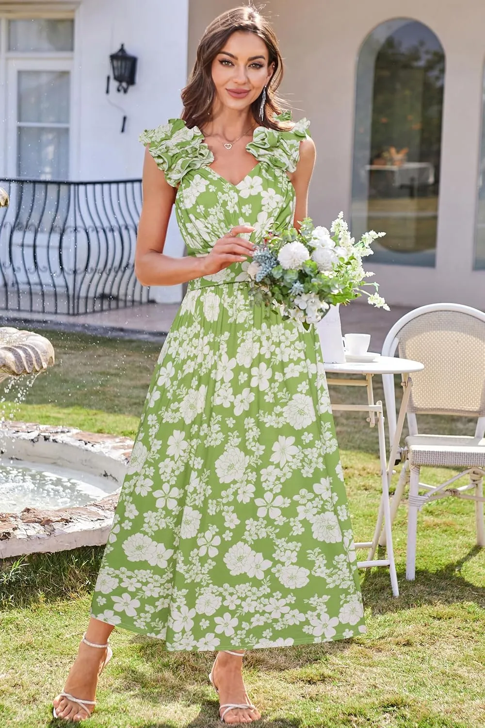 GRACE KARIN 2025 Women's Summer Floral Print Dress Sleeveless Casual Flowy Sundress A Line Ruffle Wedding Guest Outfit