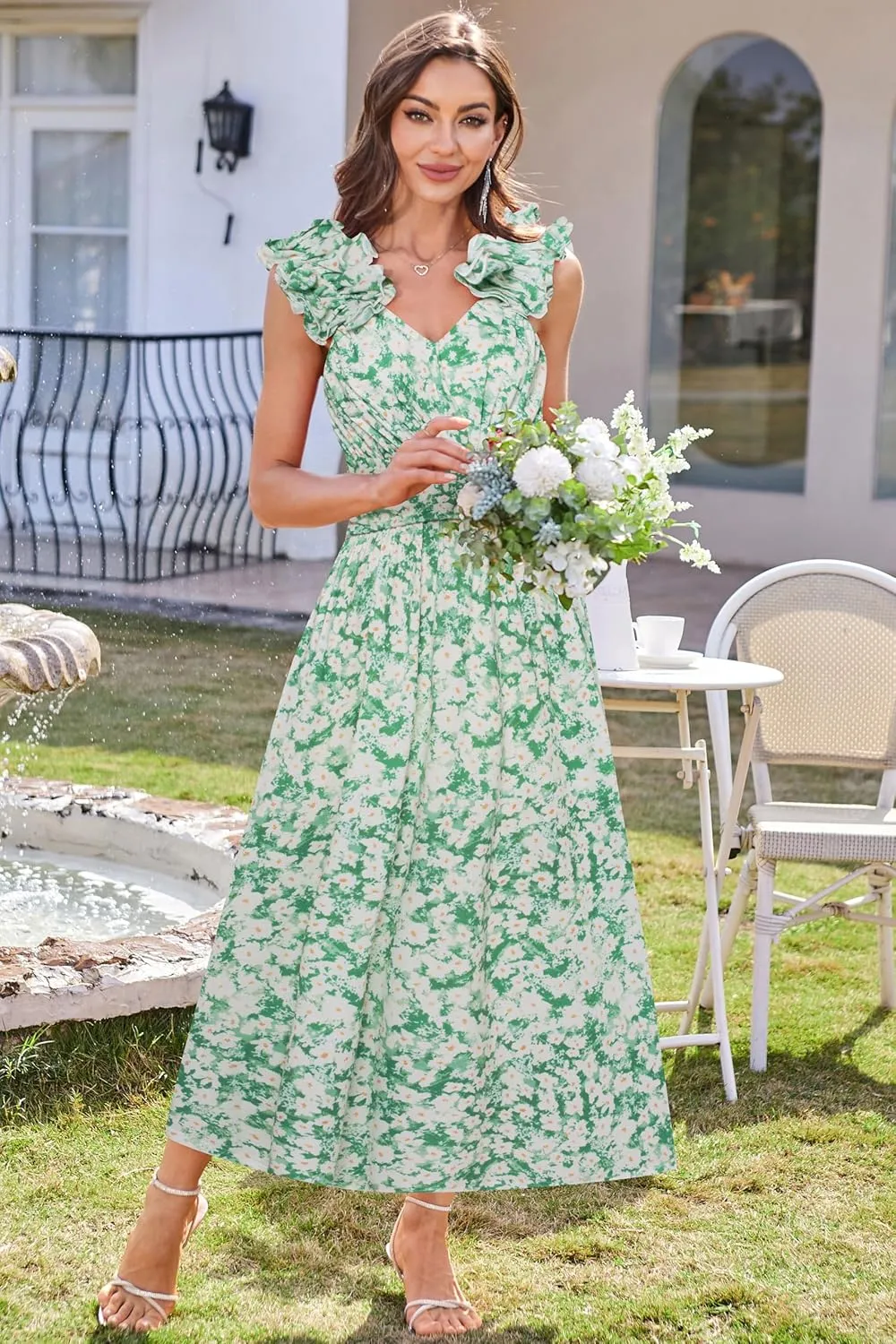 GRACE KARIN 2025 Women's Summer Floral Print Dress Sleeveless Casual Flowy Sundress A Line Ruffle Wedding Guest Outfit