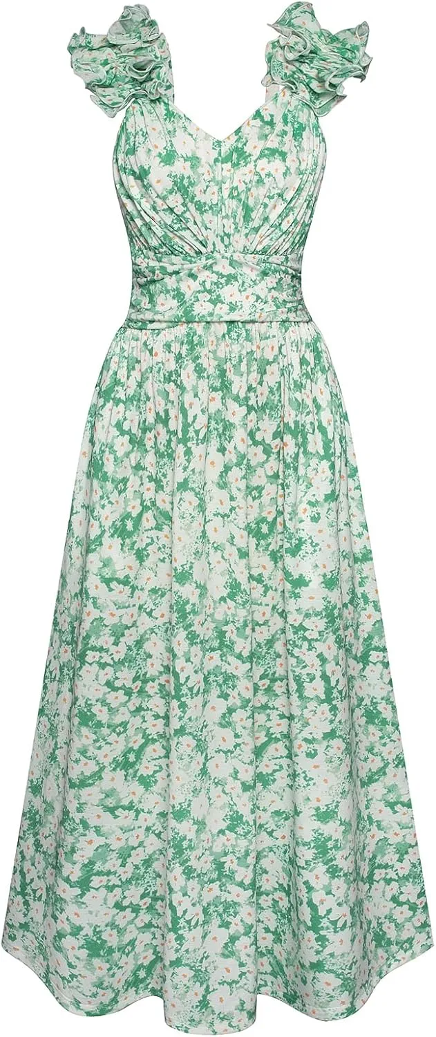 GRACE KARIN 2025 Women's Summer Floral Print Dress Sleeveless Casual Flowy Sundress A Line Ruffle Wedding Guest Outfit