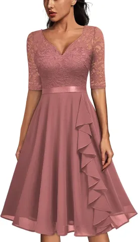 MISSMAY Women's V-Neck Floral Lace Elegant Style Half Sleeve Bridesmaid Party Dress