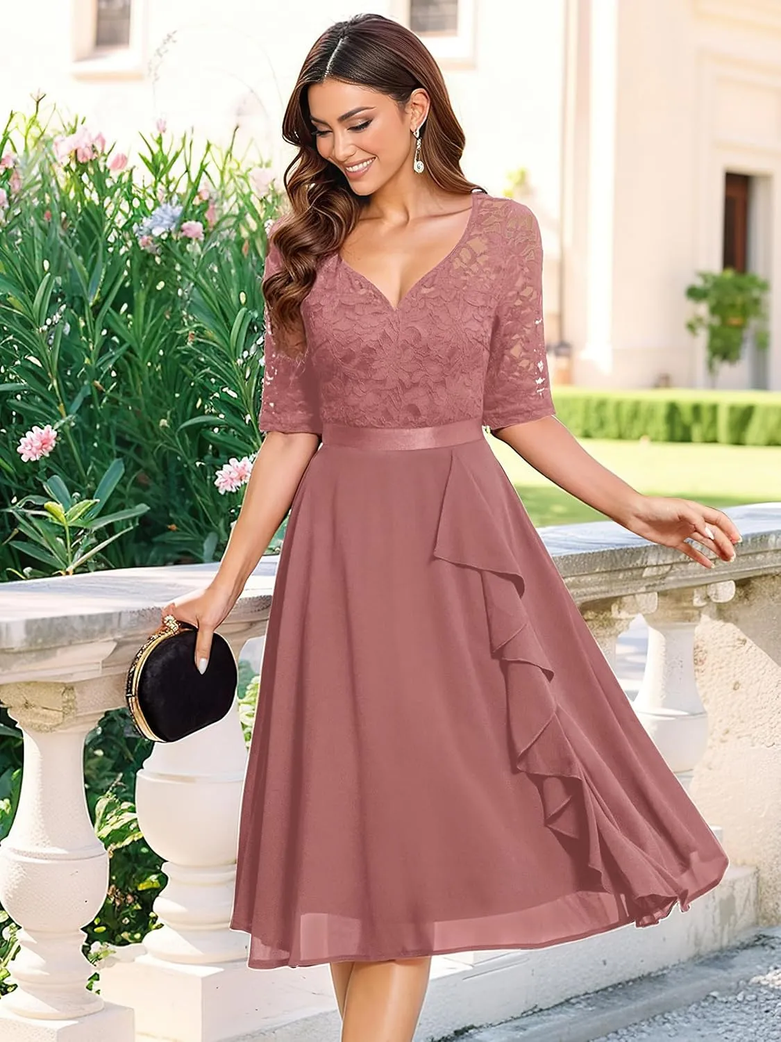 MISSMAY Women's V-Neck Floral Lace Elegant Style Half Sleeve Bridesmaid Party Dress