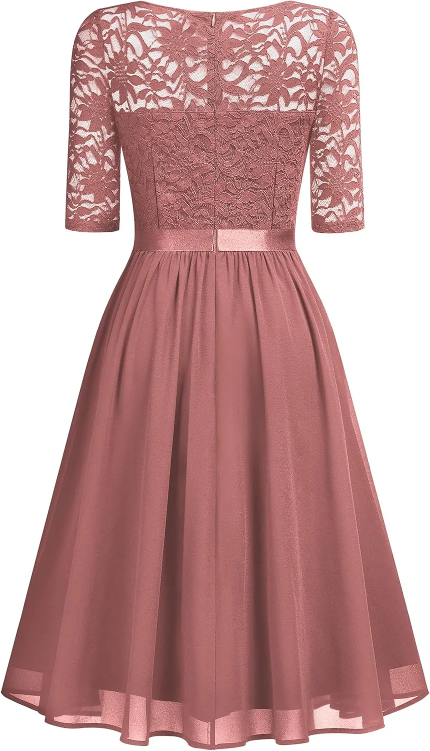 MISSMAY Women's V-Neck Floral Lace Elegant Style Half Sleeve Bridesmaid Party Dress