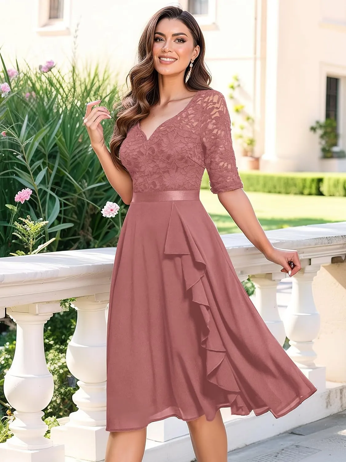 MISSMAY Women's V-Neck Floral Lace Elegant Style Half Sleeve Bridesmaid Party Dress