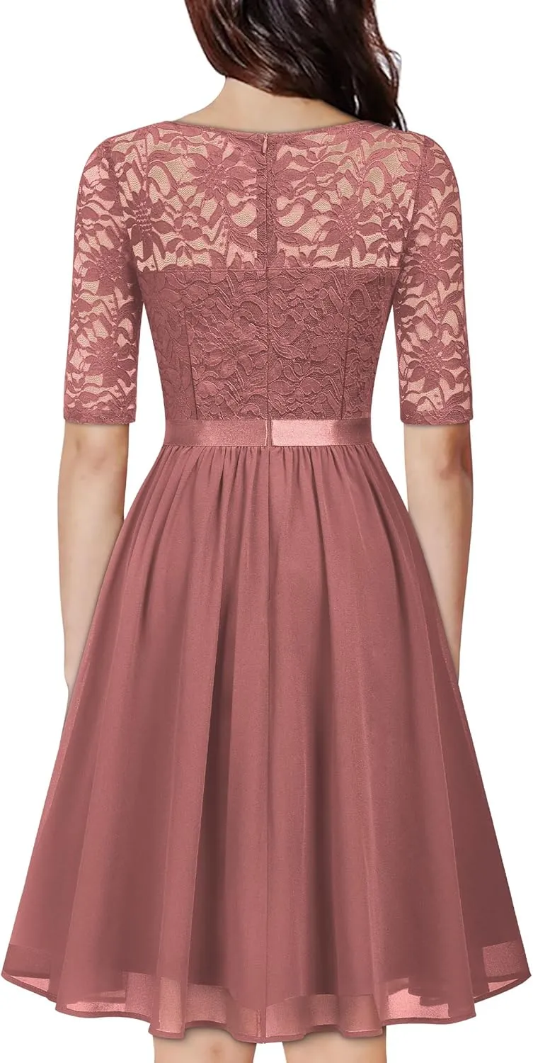 MISSMAY Women's V-Neck Floral Lace Elegant Style Half Sleeve Bridesmaid Party Dress
