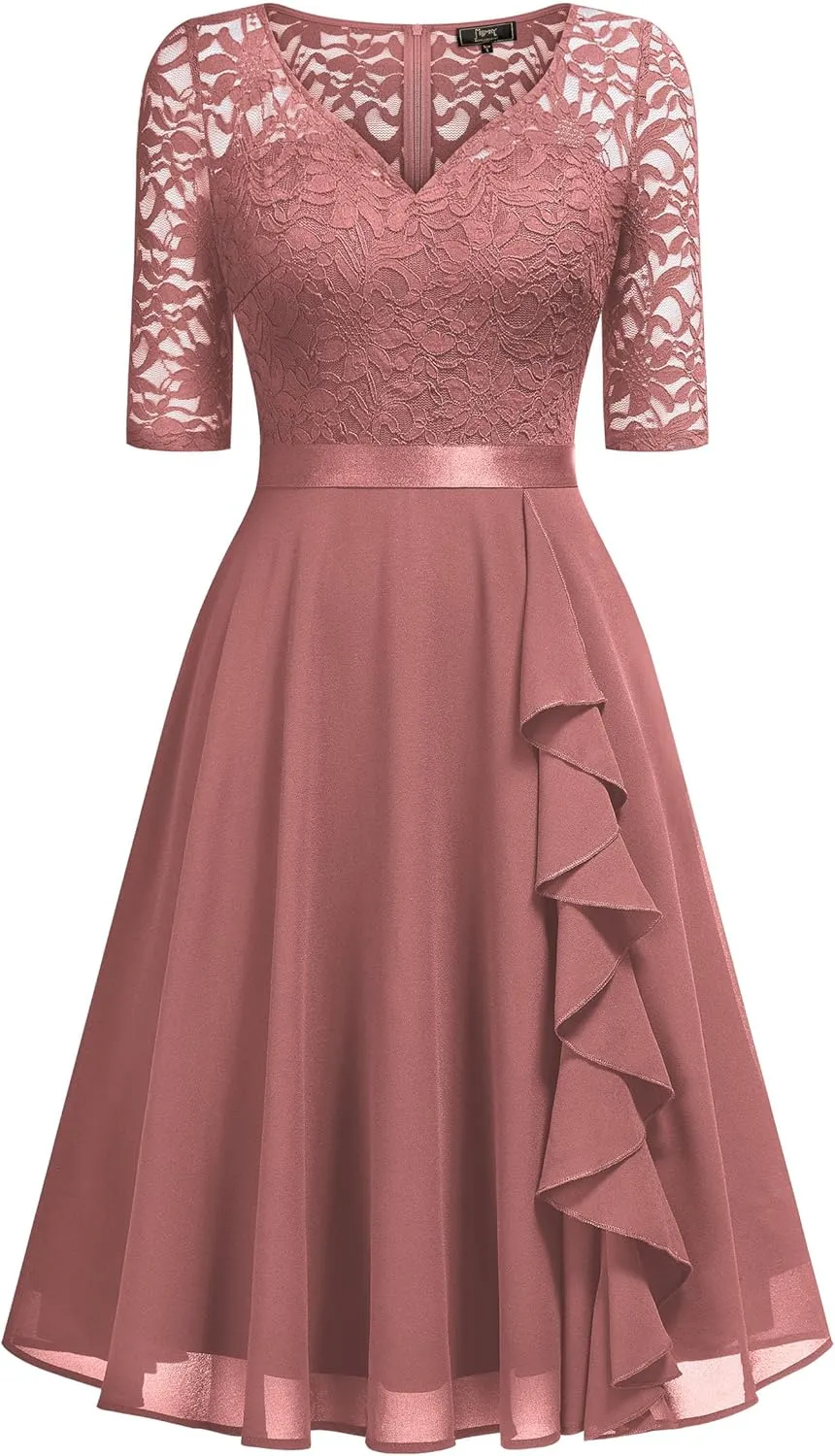 MISSMAY Women's V-Neck Floral Lace Elegant Style Half Sleeve Bridesmaid Party Dress
