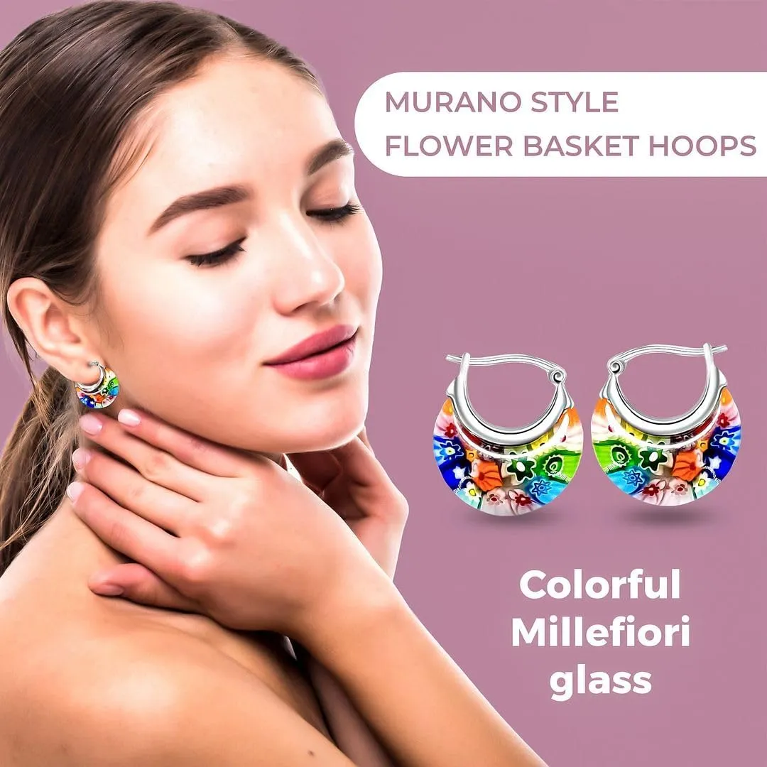 Murano Style Glass Hoop Earrings for Women Trendy Daisy Flower Stainless Steel Dangle Fun Vibrant Colors Teacher Glass Jewelry Unique Birthday Gifts for Women Birthday Anniversary 11.6 Gms