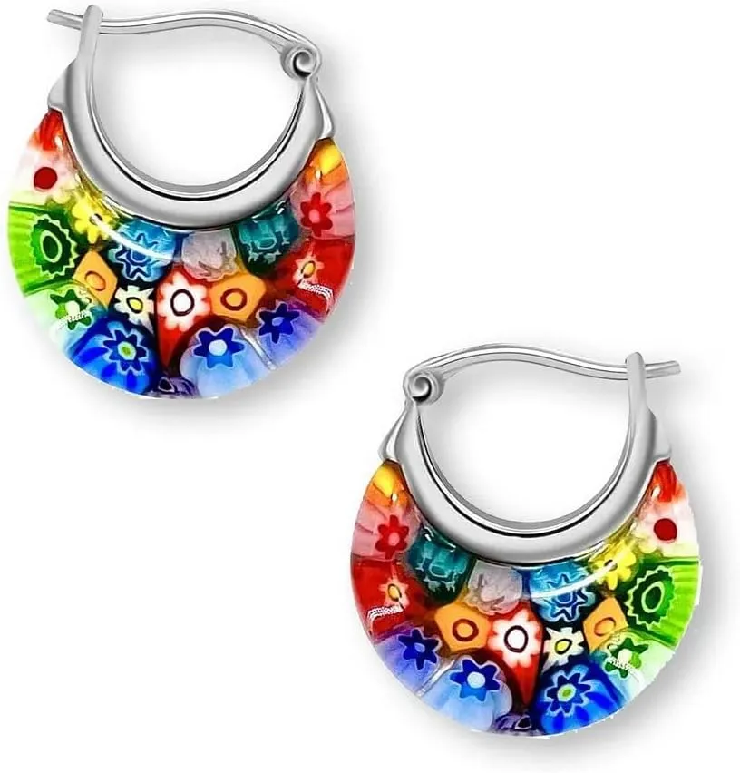 Murano Style Glass Hoop Earrings for Women Trendy Daisy Flower Stainless Steel Dangle Fun Vibrant Colors Teacher Glass Jewelry Unique Birthday Gifts for Women Birthday Anniversary 11.6 Gms