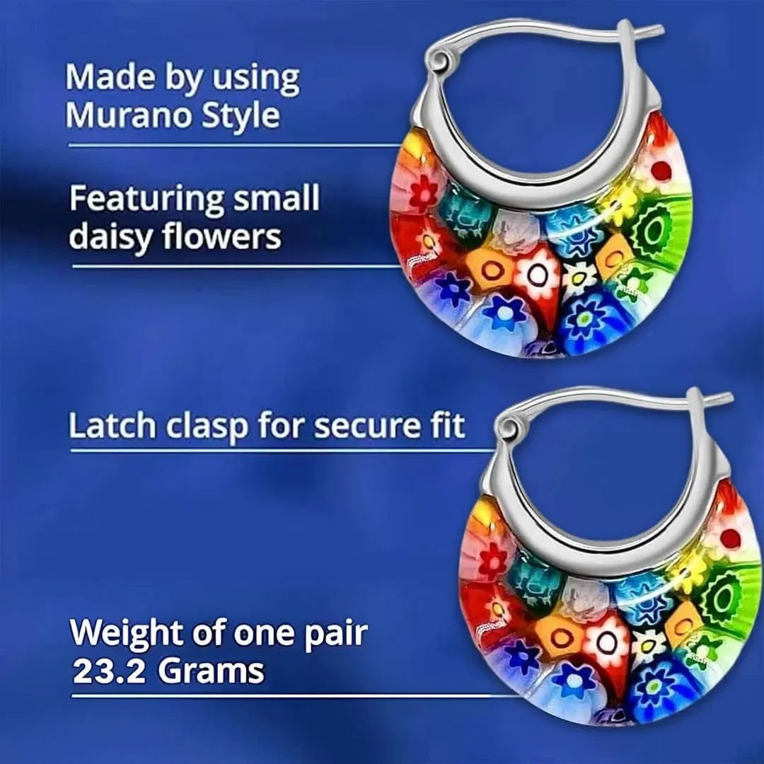 Murano Style Glass Hoop Earrings for Women Trendy Daisy Flower Stainless Steel Dangle Fun Vibrant Colors Teacher Glass Jewelry Unique Birthday Gifts for Women Birthday Anniversary 11.6 Gms