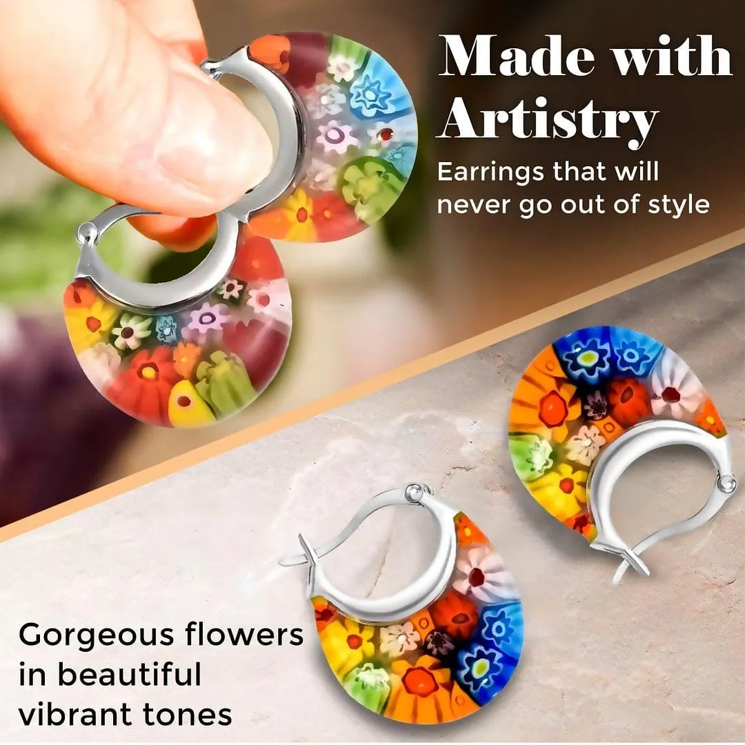 Murano Style Glass Hoop Earrings for Women Trendy Daisy Flower Stainless Steel Dangle Fun Vibrant Colors Teacher Glass Jewelry Unique Birthday Gifts for Women Birthday Anniversary 11.6 Gms